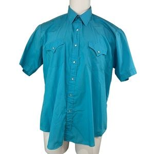 Vintage SHEPLERS Mens Size 17.5 Short Sleeve Western Teal Blue Pearl Snaps (624)